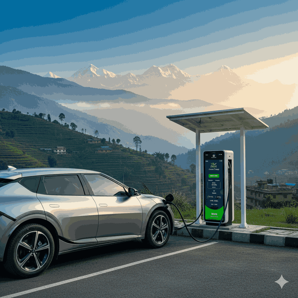 EV charging app in Nepal displayed at a scenic highway charging station with an electric vehicle, showcasing Nepal's growing electric mobility infrastructure
