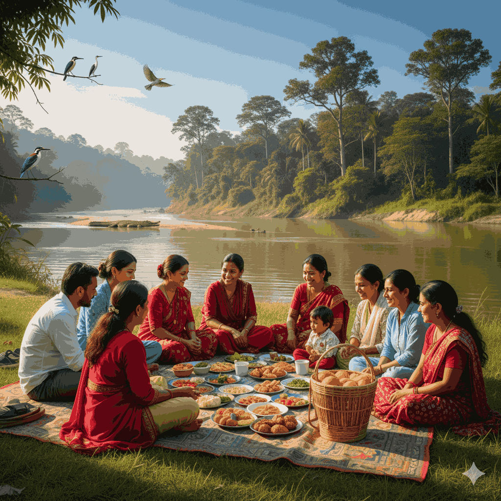 Featured image of a beautiful picnic spot near Chitwan with river views and people relaxing in nature.