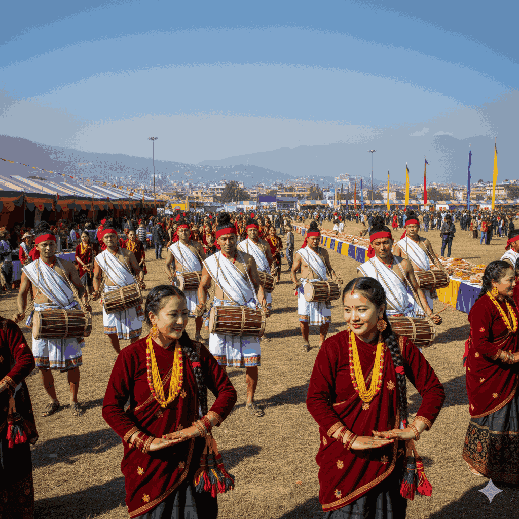 Losar Festival in Photos, Gurung community celebrating Tamu Losar with traditional dances, costumes, and outdoor festivities.