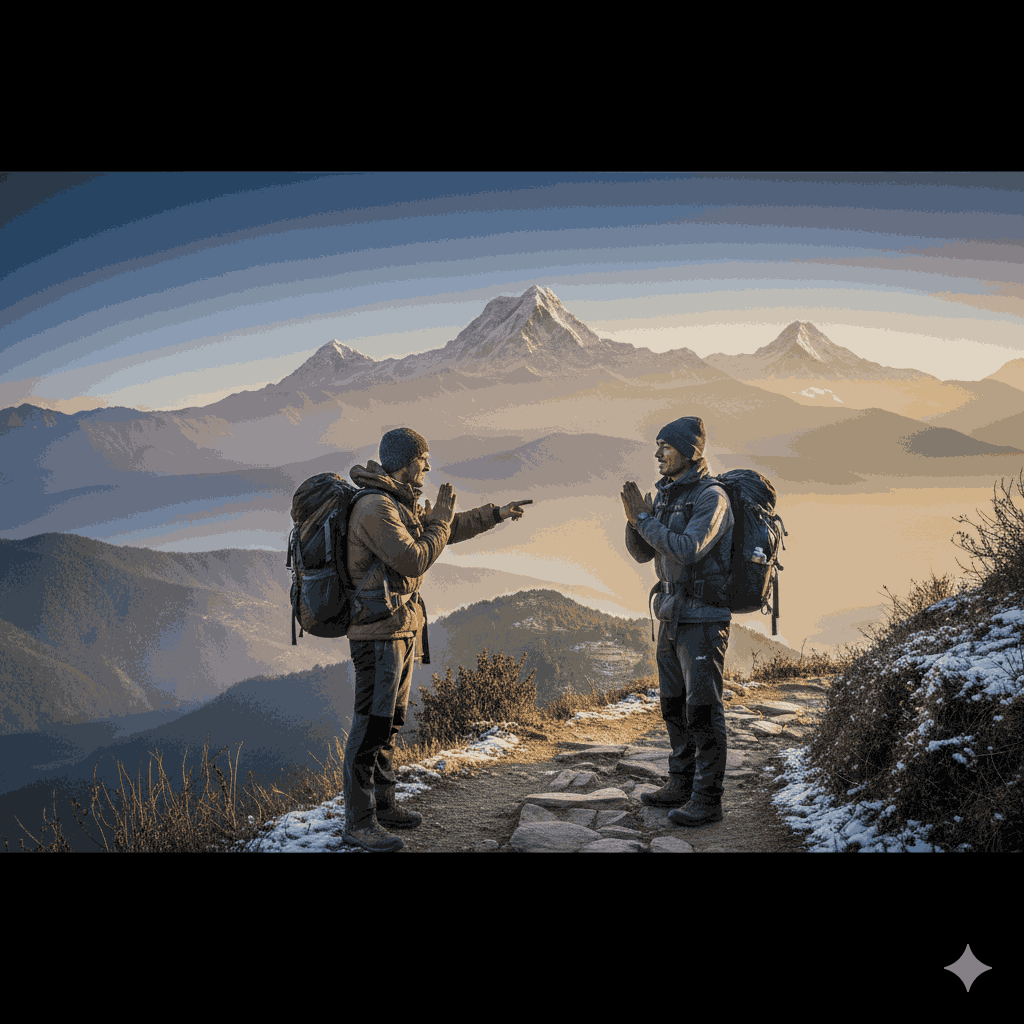 A trekker and guide showing how to greet in Nepal on the mountain trails with respectful gestures and greetings