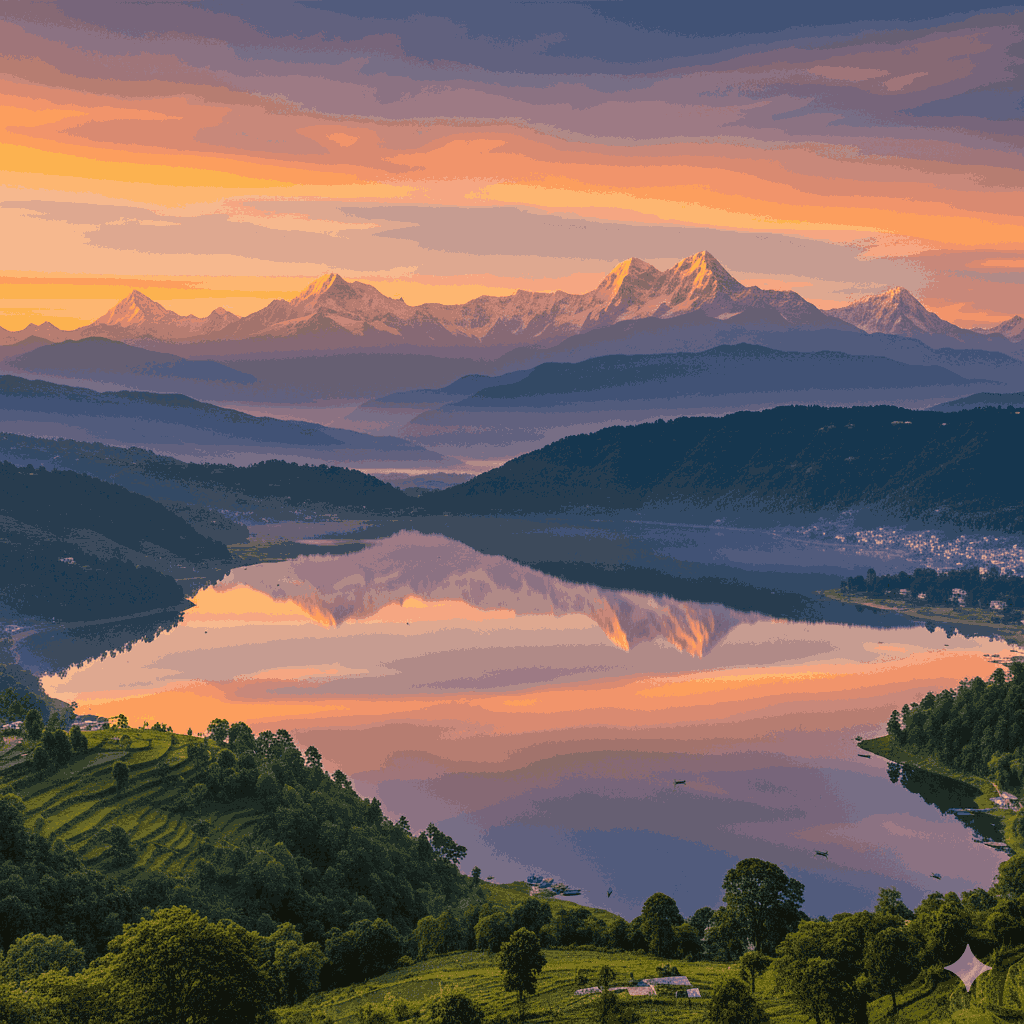 Panoramic view of Pokhara with Phewa Lake, Sarangkot, Fishtail Mountain, and Himalayan peaks, showcasing the Tourist Attractions in Pokhara District