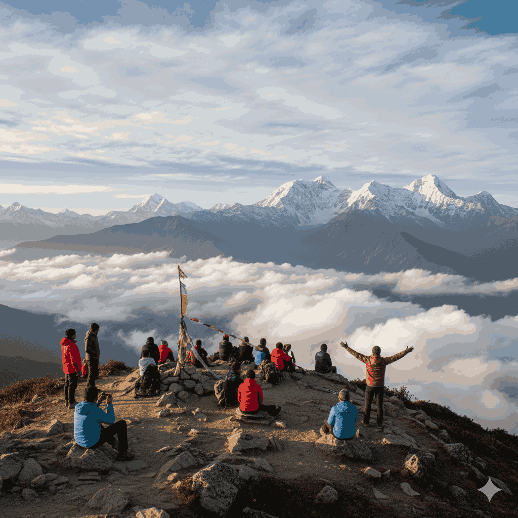 View from Panchase Peak near Pokhara with Himalayan peaks, emphasizing the intermediate hiking trails near Pokhara' and the stunning mountain vistas