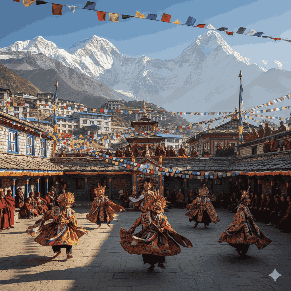 Best Places to Experience Losar Festival in Nepal (Kathmandu, Pokhara & Beyond) — Sherpa community performing masked dances and rituals during Losar in Namche Bazaar.