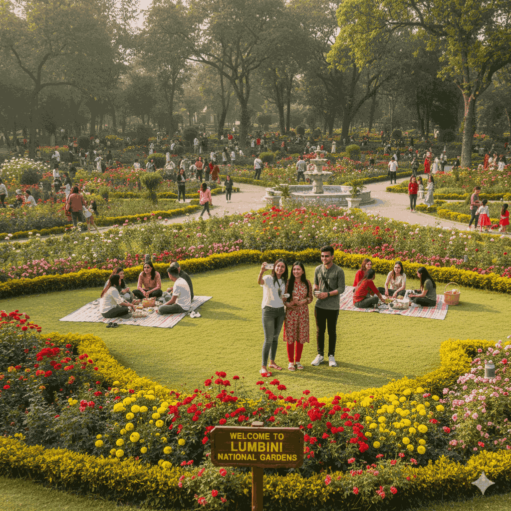 Beautiful picnic spot in Nepal for tourists at Godawari Botanical Garden, showing families relaxing among flowers and trees.