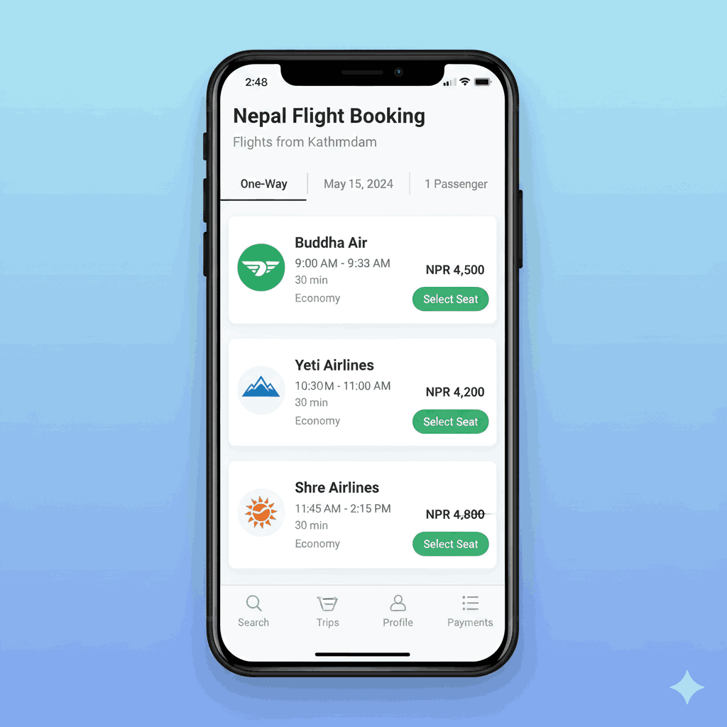 Screenshot of a flight booking interface on an app in Nepal, showcasing ticket booking apps in Nepal for domestic flights