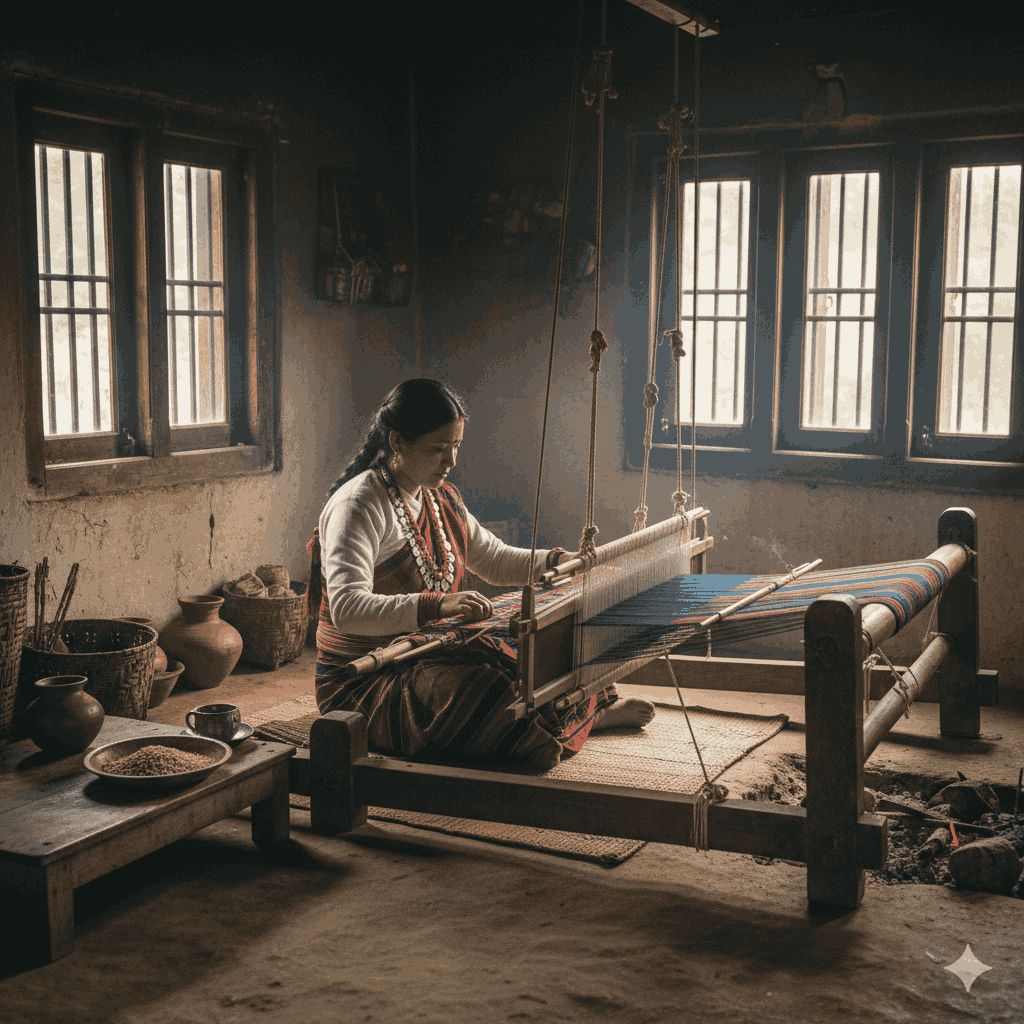 A Gurung woman in Nepal weaving a traditional blanket in a Gurung household, highlighting local craftsmanship and culture