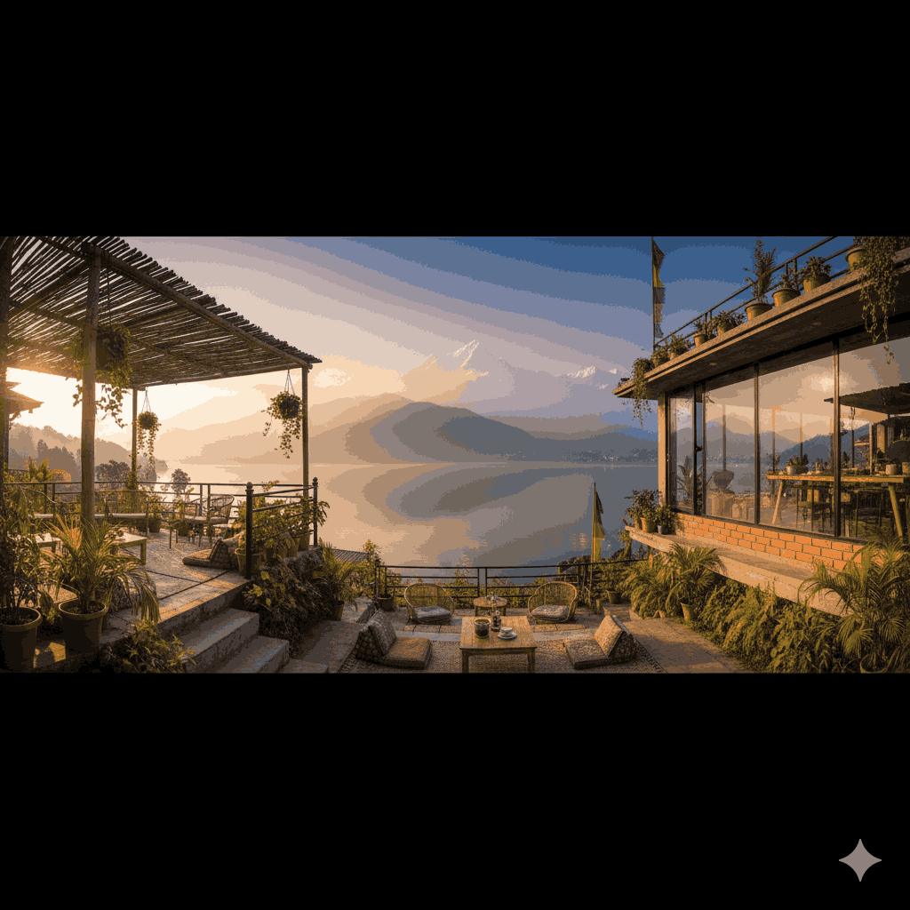 Aesthetic cafe in Pokhara overlooking Phewa Lake with mountains in the background, perfect for capturing mountain views.