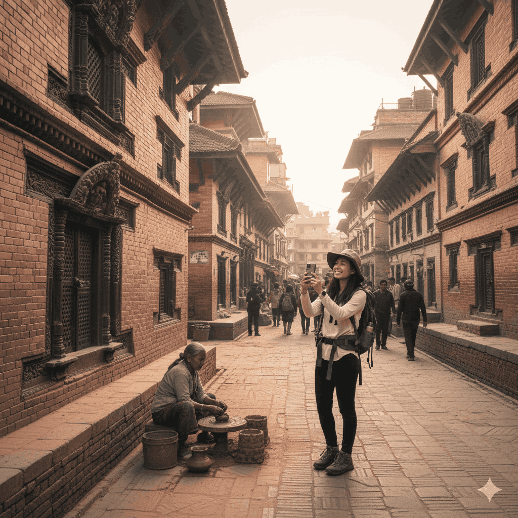 Solo female traveler exploring Bhaktapur’s historic streets and Pottery Square, experiencing Nepali culture.
