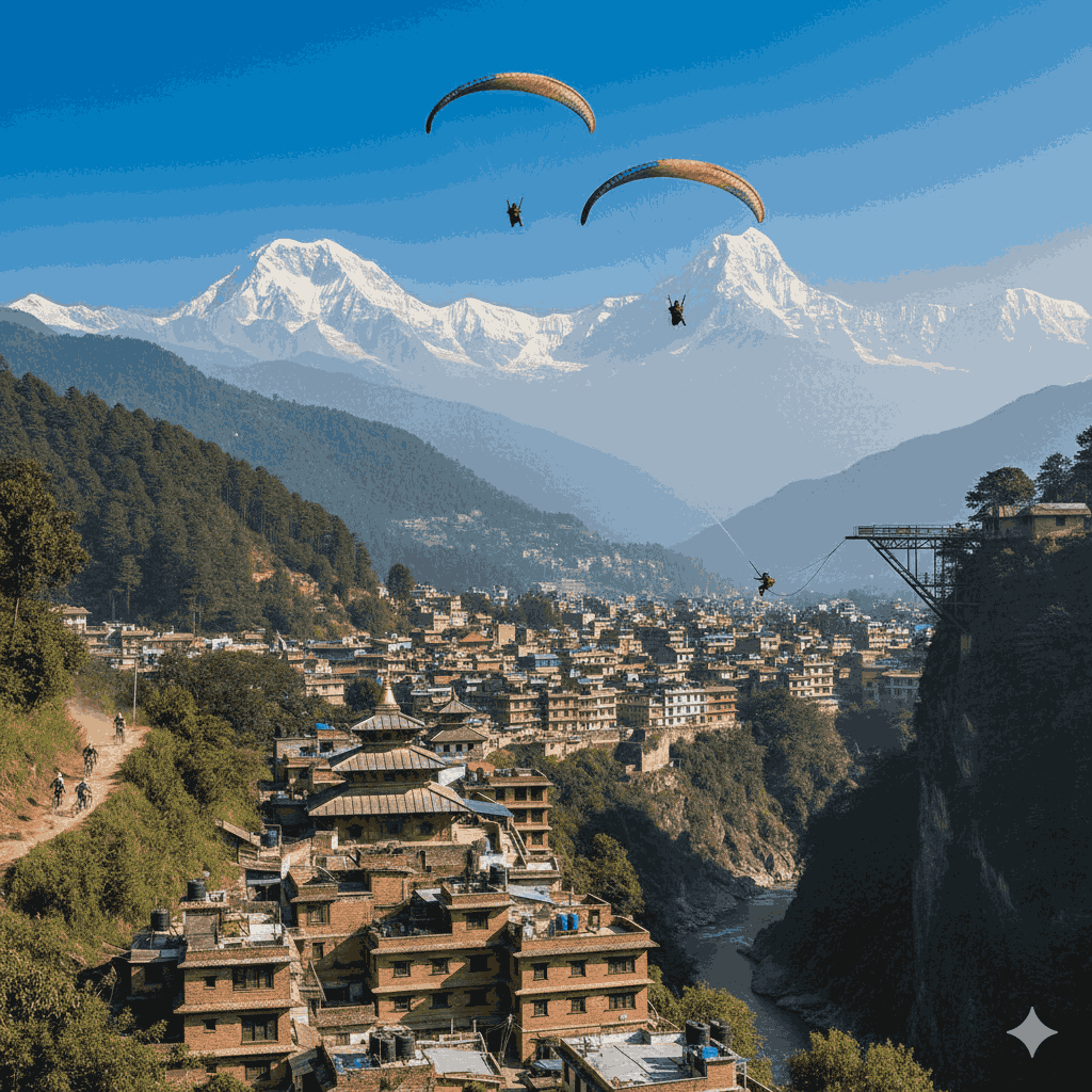 Featured image of Kathmandu adventure activities showcasing paragliding, mountain biking, and bungee jumping with Kathmandu city and Himalayan backdrop
