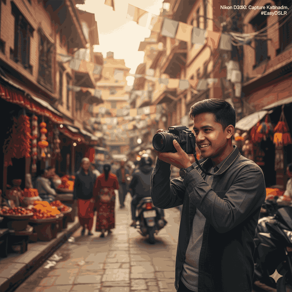  The best budget camera in Nepal for beginners – Nikon D3500 being used by a beginner photographer in Kathmandu.