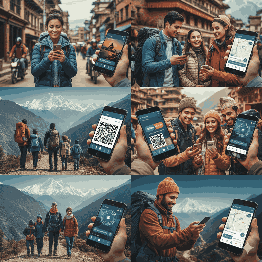 Travelers using Nepali apps for navigation, booking rides, and digital payments in Nepal, showcasing the importance of Nepali apps that need while travelling to Nepal