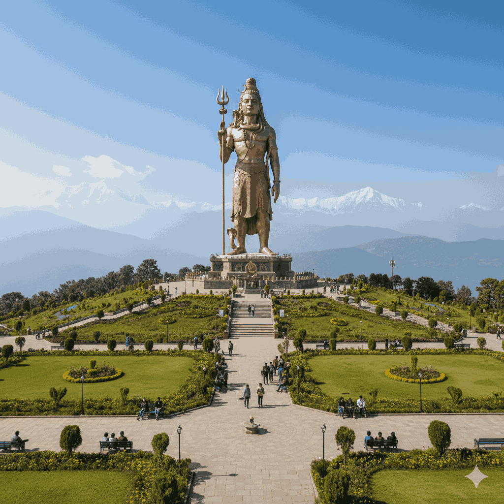 Iconic picnic spot near Banepa featuring the Kailashnath Mahadev Statue with Himalayan views and visitors enjoying the outdoors.