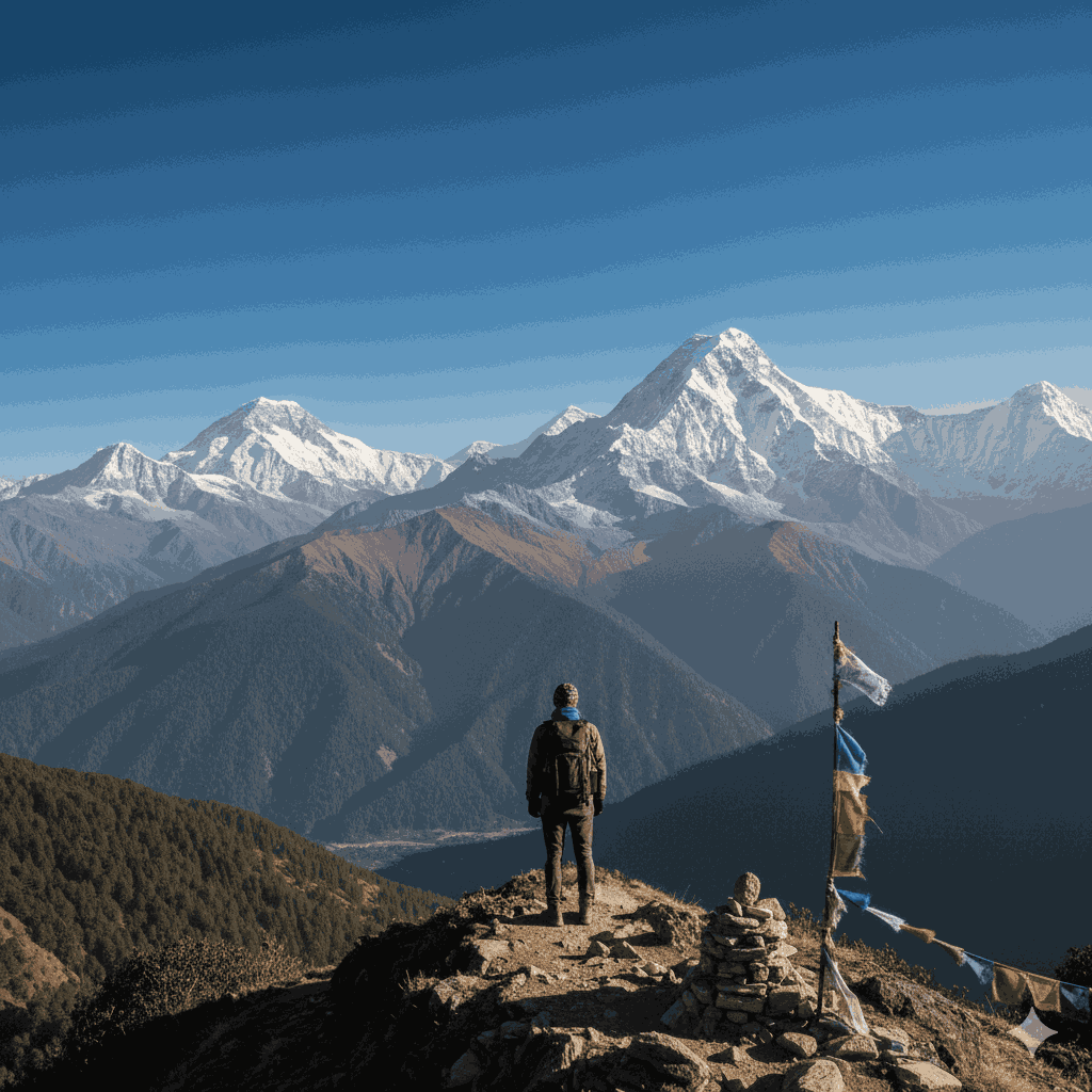 Hiker at Phikkal Peak with Himalayan mountain views, one of the scenic tourist attractions in Sindhuli district, Nepal.