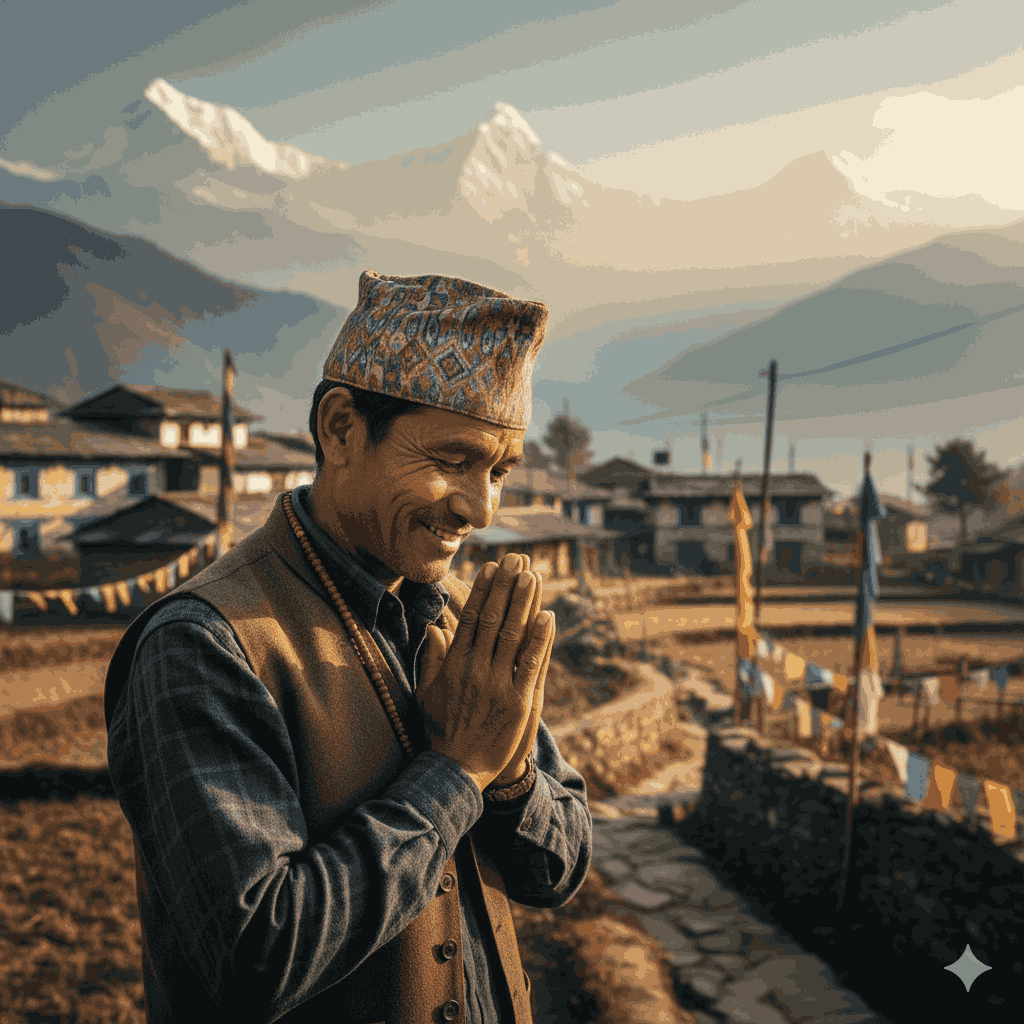 A Nepalese person demonstrating how to greet in Nepal with a traditional Namaste gesture in a Himalayan village setting.