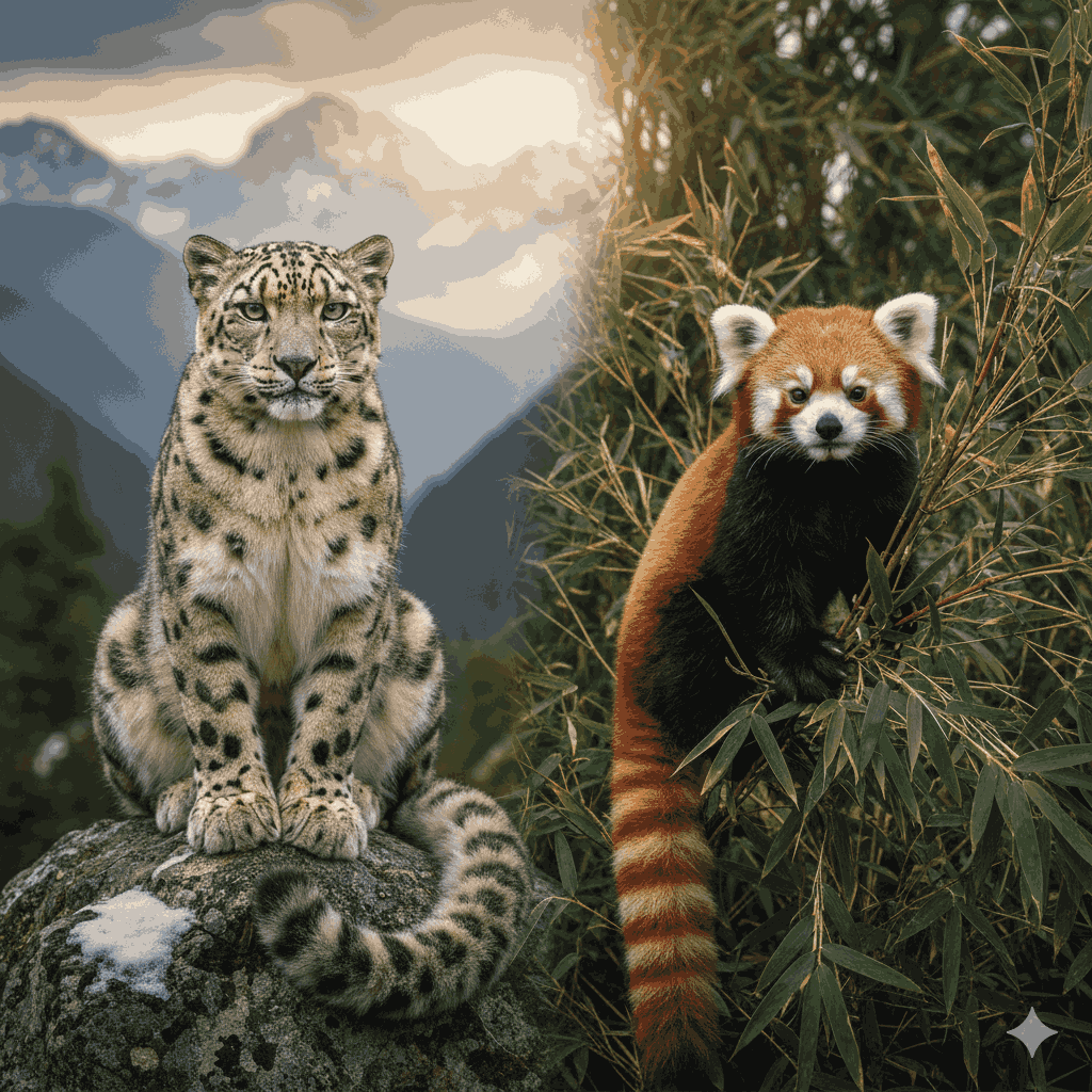 Rare and endemic species in the biodiversity hotspots in Nepal, featuring Snow Leopard and Red Panda.