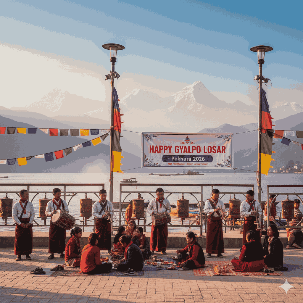 Best Places to Experience Losar Festival in Nepal (Kathmandu, Pokhara & Beyond) — Gyalpo Losar celebrations in Pokhara featuring traditional rituals against Himalayan mountain scenery