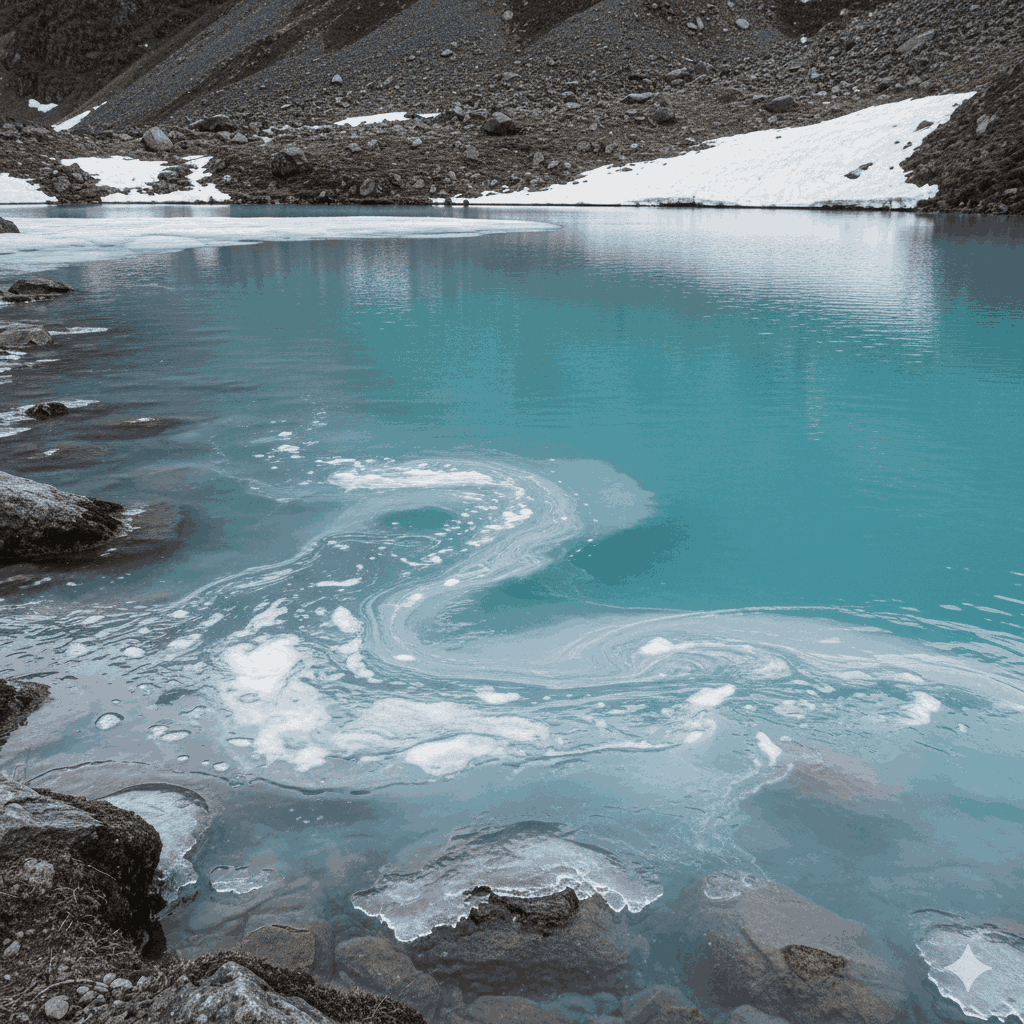 Close-up of Kajin Sara Lake, the new hidden lake in Nepal, showcasing its vivid turquoise waters fed by glaciers.