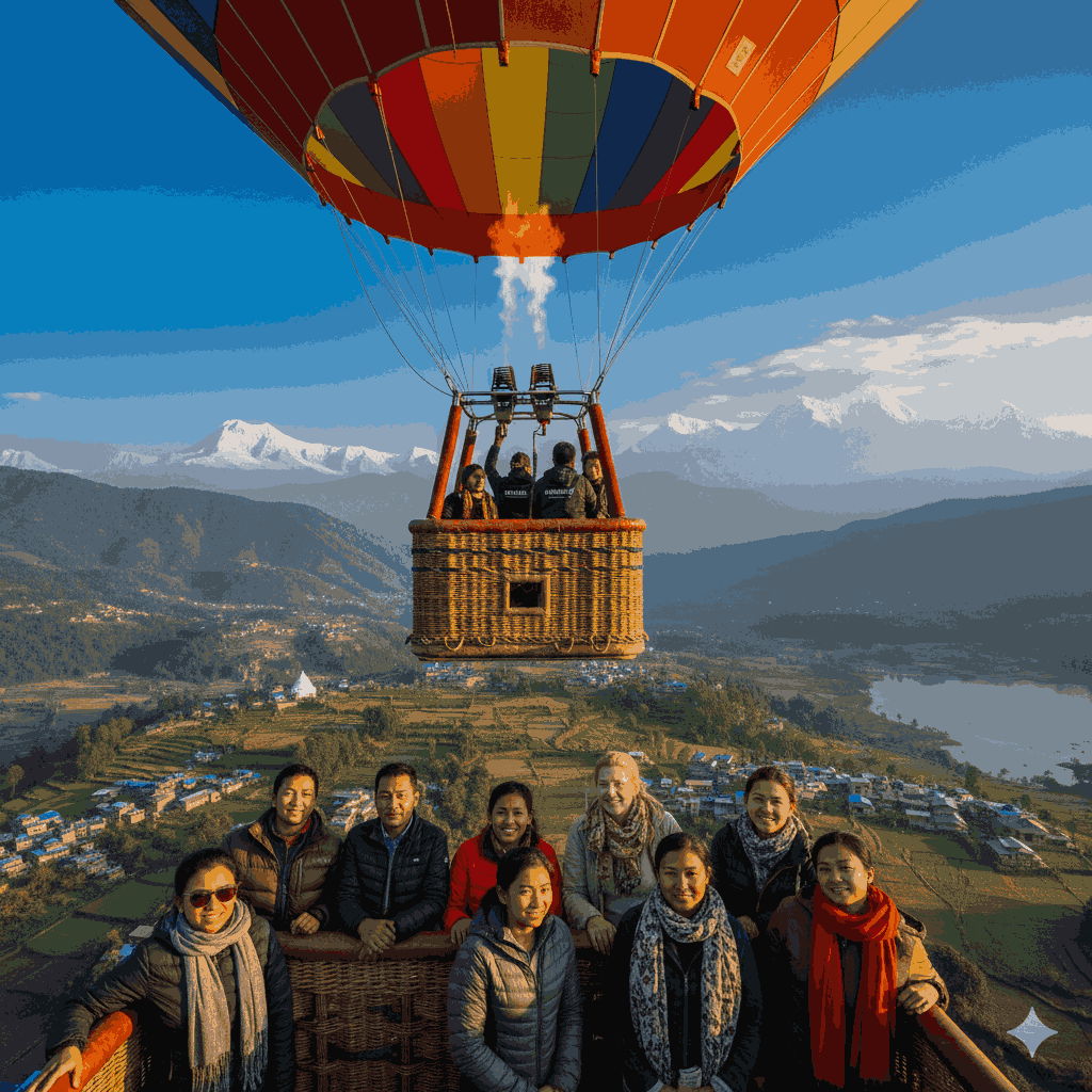 Panoramic view during the best time for hot air balloon in Nepal
