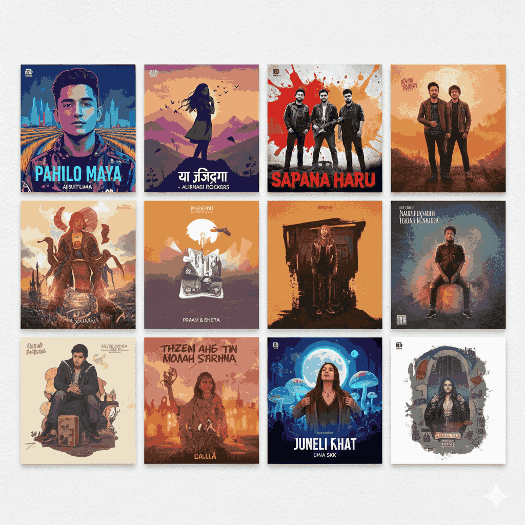 Top Music Charts in Nepal 2025 – album covers of top 10 songs