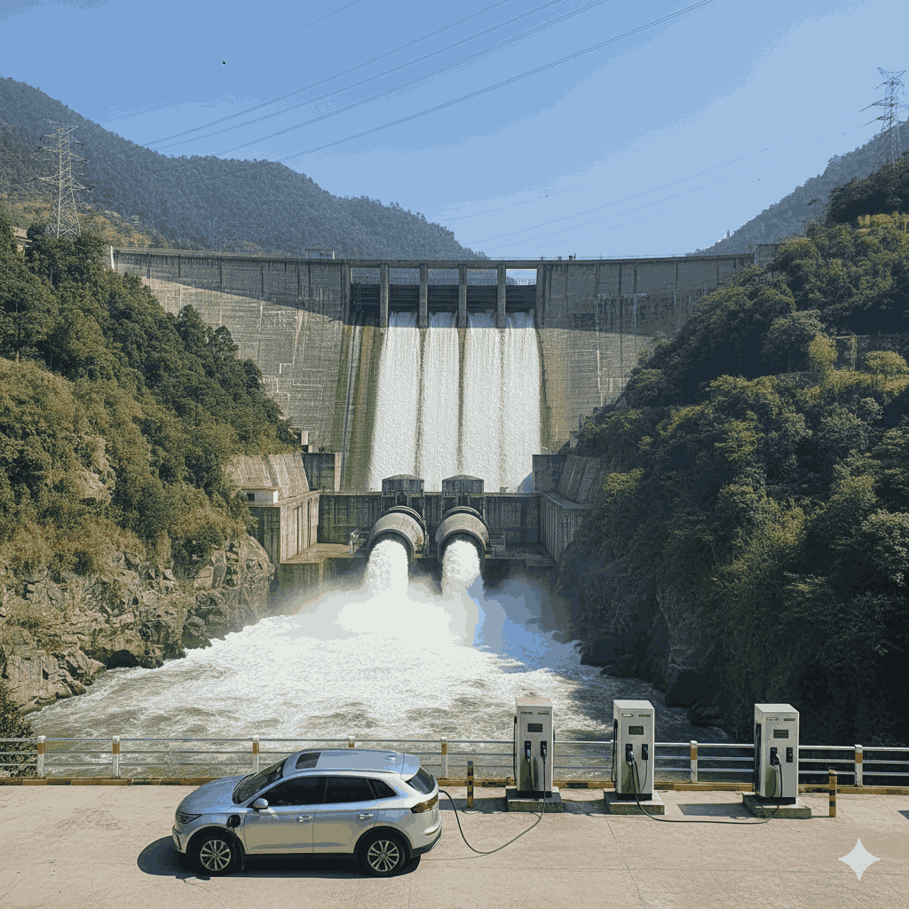 Hydropower infrastructure supporting EV charging app in Nepal, highlighting renewable energy powering electric vehicles