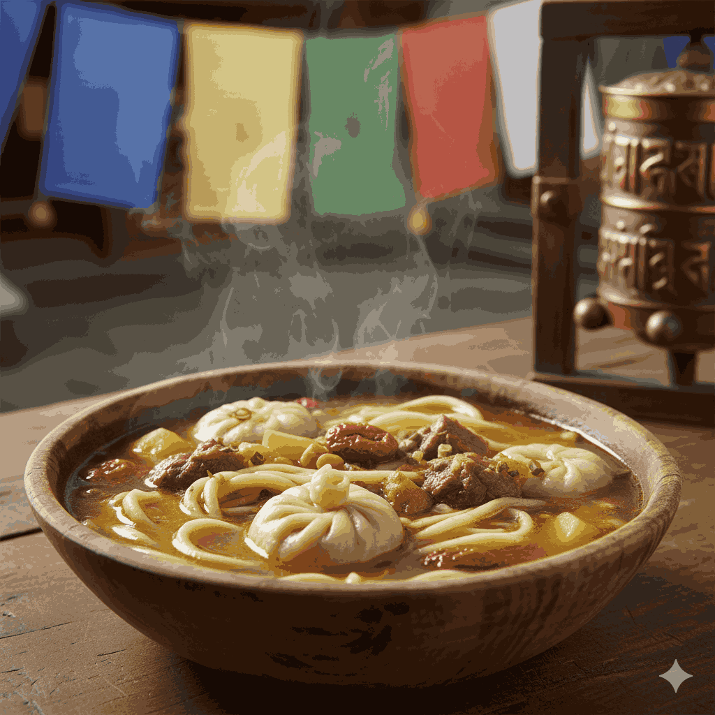 Traditional Food Prepared During Losar Festival in Nepal — Guthuk, the auspicious ritual soup with hidden fortune dumplings in a Nepali setting.