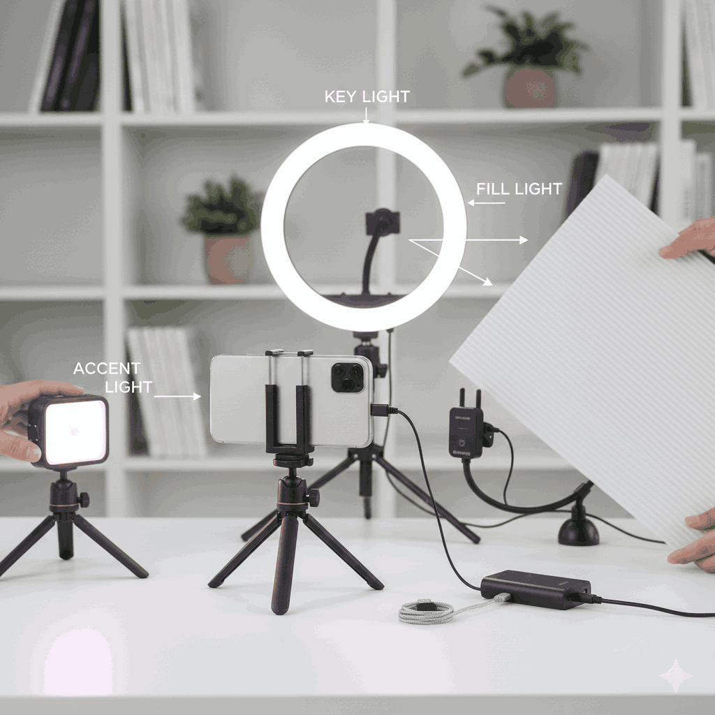 Affordable indoor vlogging lighting setup with LED ring light, white cardboard fill, and RGB panel to create professional look on a budget.