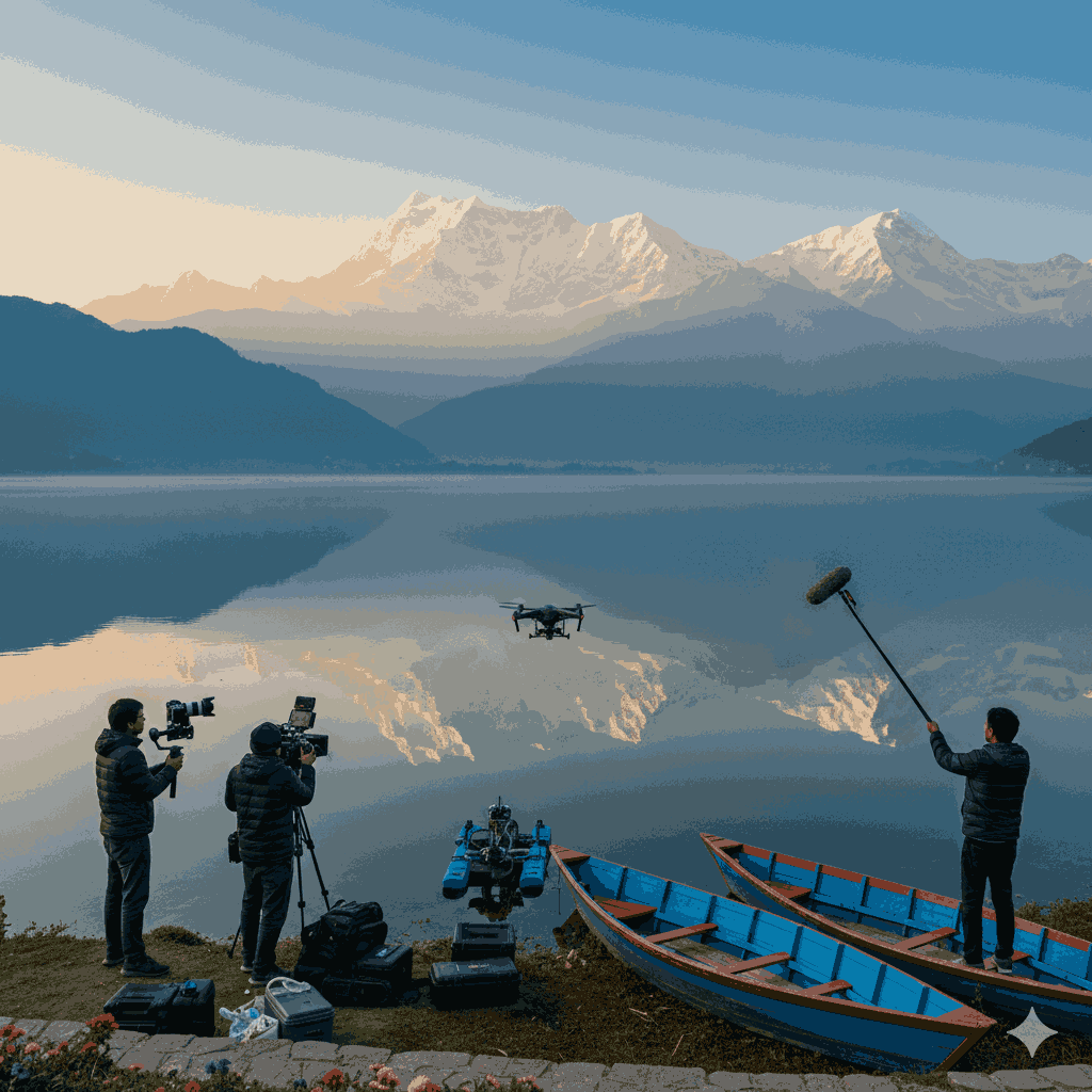how to get a filming permit in Nepal:Filmmakers shooting at Pokhara lake with filming permit in Nepal