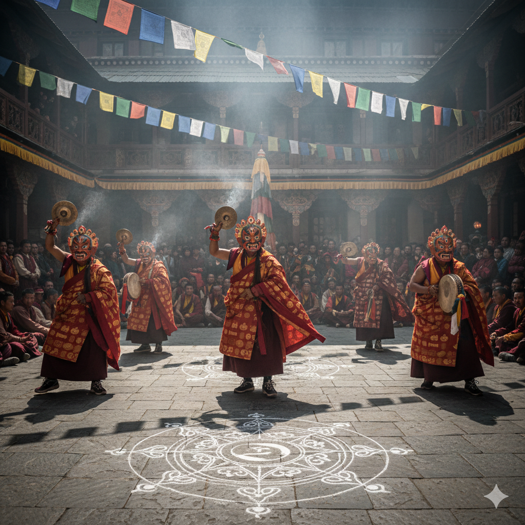 Masked Cham dance during Losar, symbolizing spiritual purification and sacred traditions contrasting with Dashain and Tihar celebrations