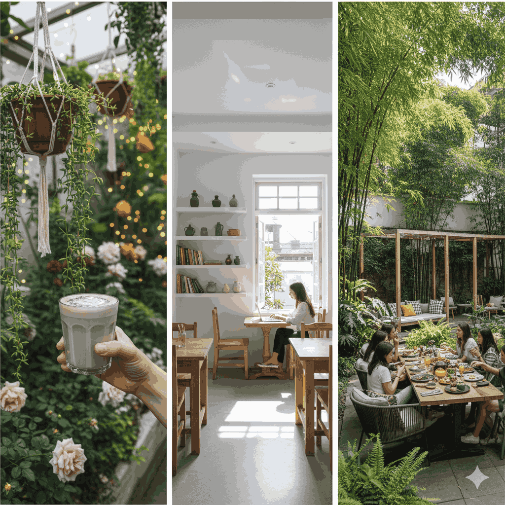 A collage of the top aesthetic cafes in Kathmandu, featuring floral, minimalist, and nature-inspired designs. 