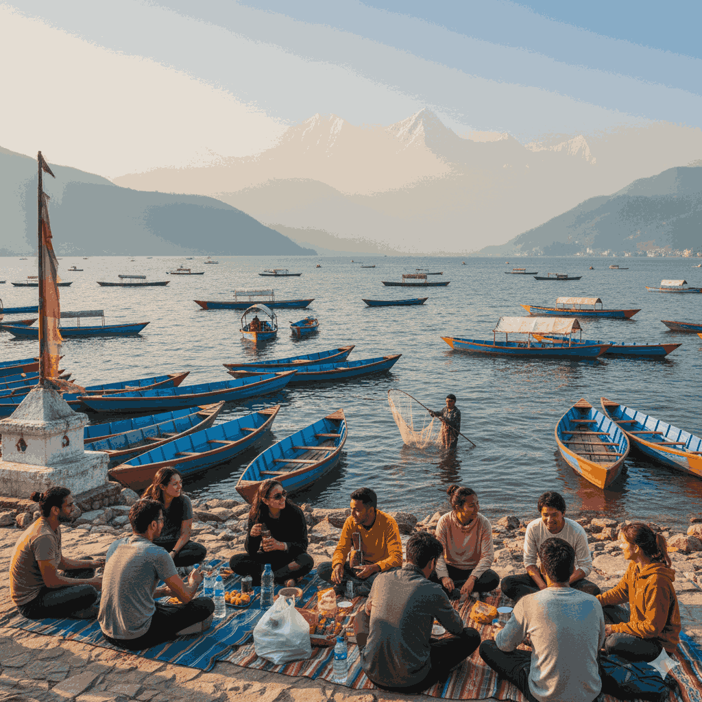 Aesthetic view of Pokhara, one of the cheapest places to travel in March 2026, with lakeside scenery and mountains.  