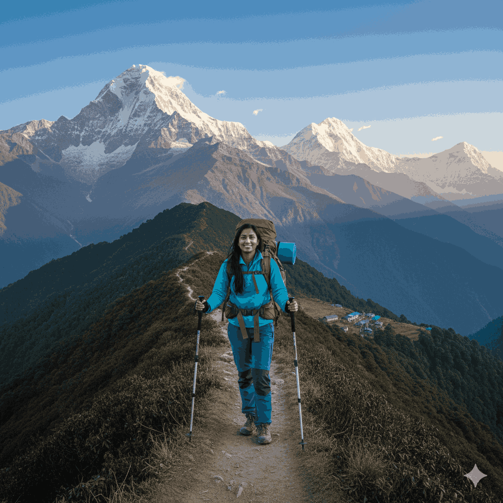 Solo female traveler in Nepal enjoying Himalayan views, representing affordable trekking adventures in 2026