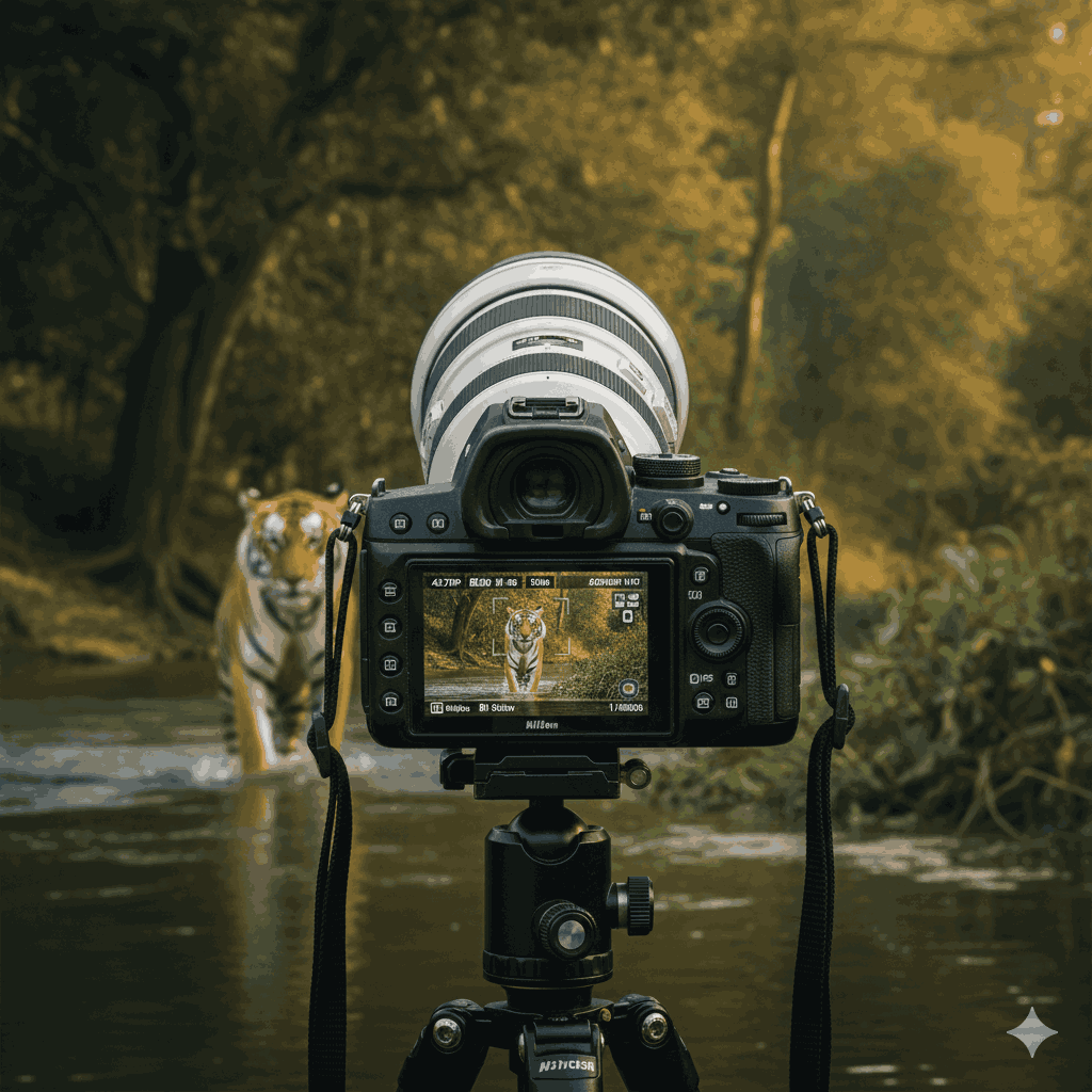 Camera for Wildlife Photography in 2026: Nikon Z9 with telephoto lens capturing a Bengal tiger in Nepal’s wilderness
