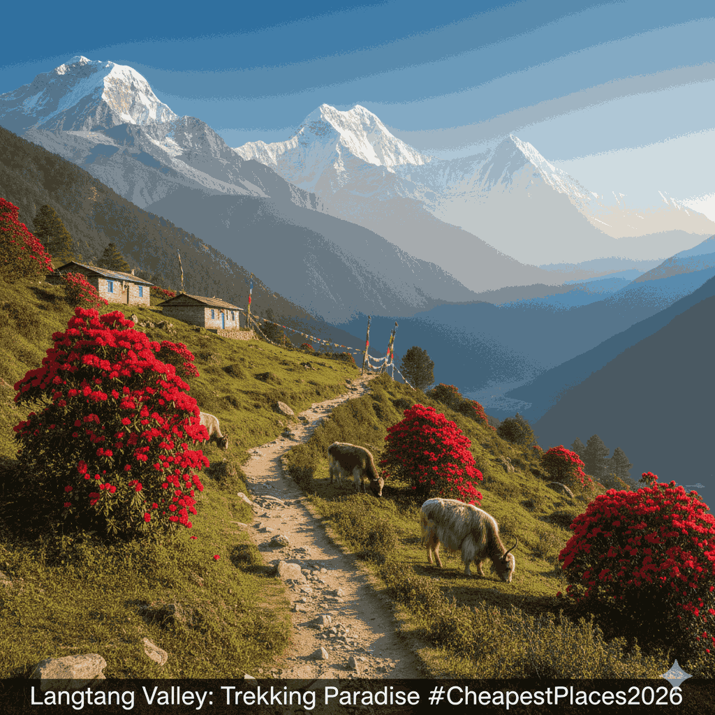 Trekking scene in Langtang Valley, one of the cheapest places to travel in March 2026, with mountain views and local teahouses.  