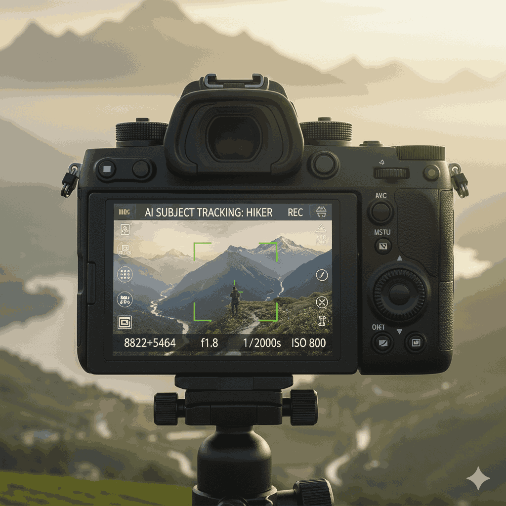 Close-up of the best camera for photography 2026 showcasing AI autofocus and stacked CMOS sensor technology amidst Nepal’s landscape.