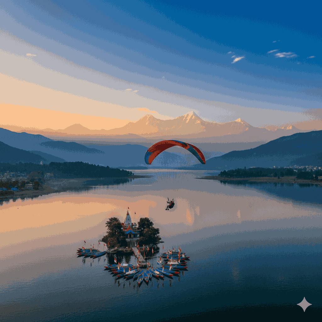 Fun activities in Pokhara to try in 2026 – paddleboarding on Phewa Lake at sunrise.