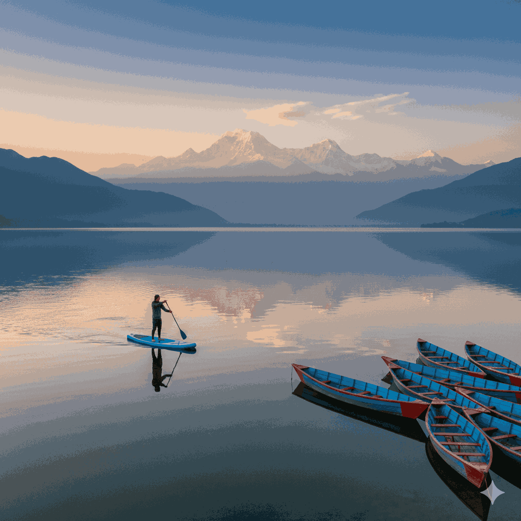 Fun activities in Pokhara to try in 2026 – paddleboarding on Phewa Lake at sunrise.