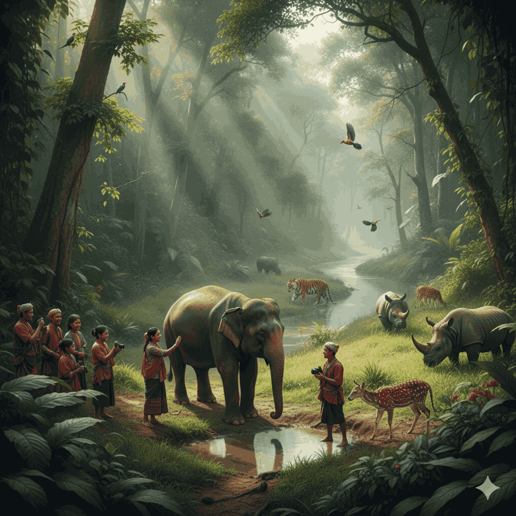 Chitwan National Park scene with local villagers interacting respectfully with wildlife, lush greenery, and forested surroundings.