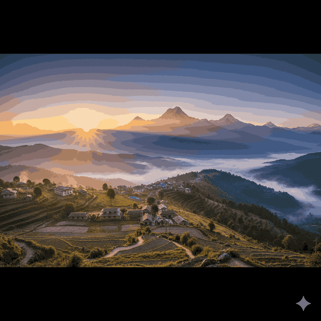 Sunrise over Dhampus, a Gurung village in Nepal, with stunning views of Machhapuchhre and surrounding Himalayan peaks accessible from Pokhara