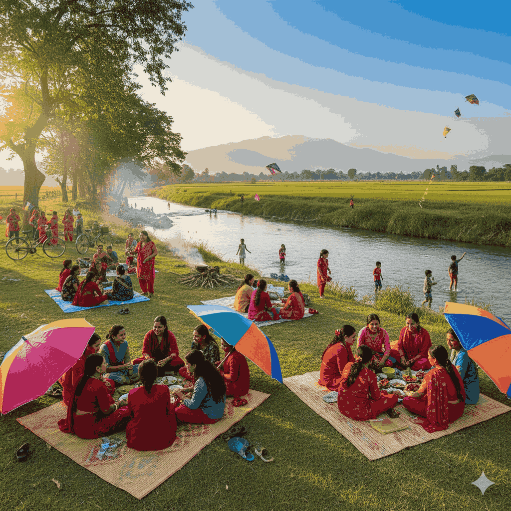 Scenic view of a beautiful picnic spot near Bhairahawa with families enjoying a day outdoors by the river.