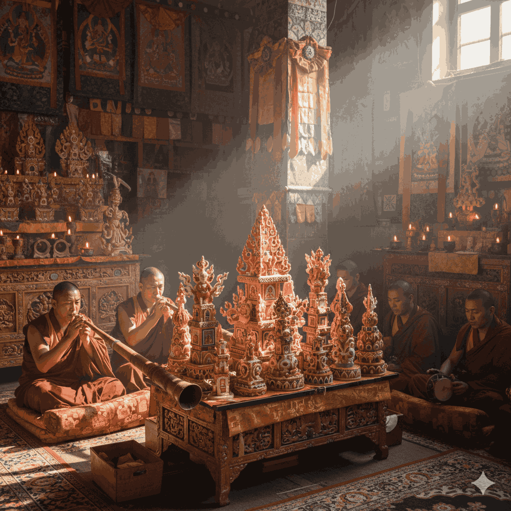 Monks performing the Gutor ritual during Losar Festival Explained for Kids and Students, creating dough sculptures to banish negativity