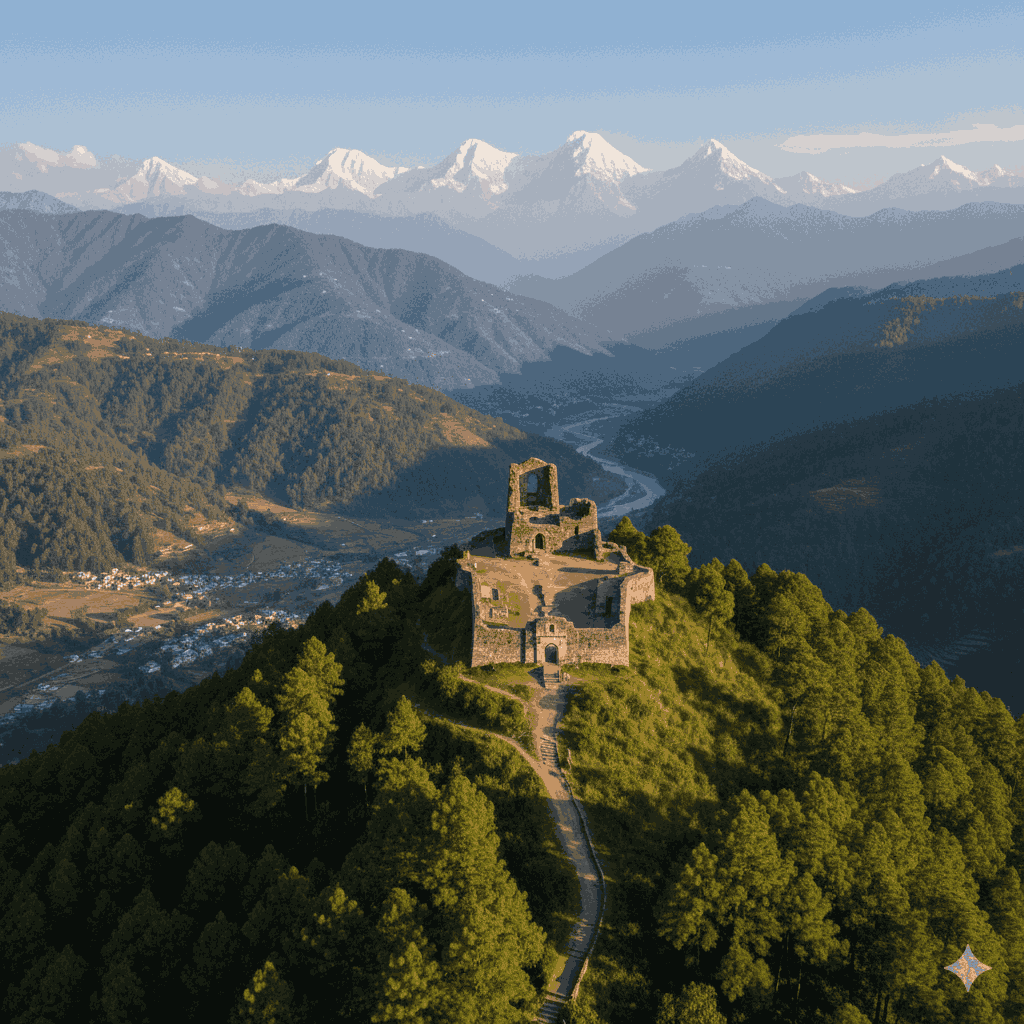 Ligligkot fortress on a hilltop near Gorkha, offering stunning views of the valley and Himalayas, showcasing one of the scenic intermediate hiking trails near Gorkha.