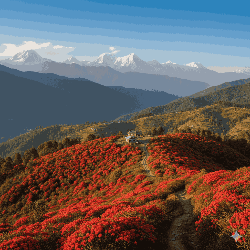 Tourist attractions of Parbat district showcasing Jaljala Hill, known for its rhododendron blooms and panoramic mountain views.