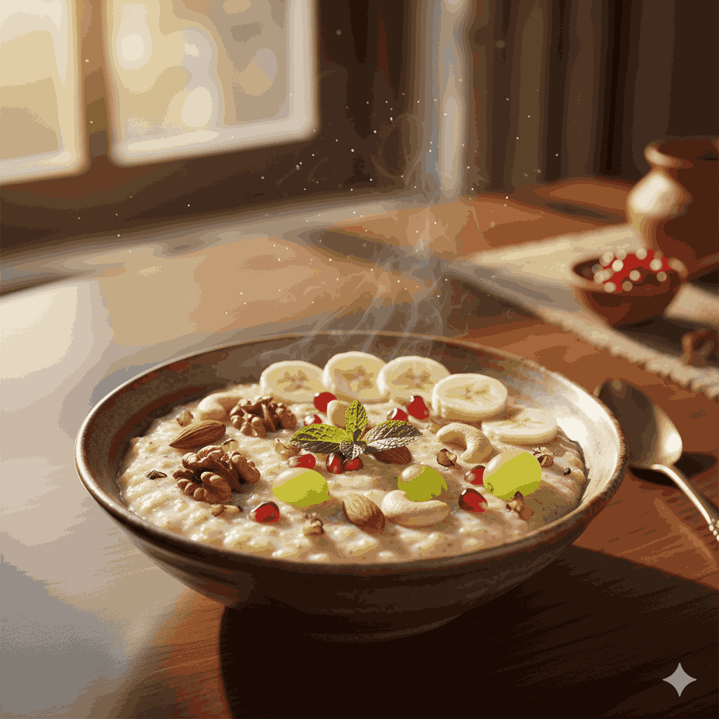 Chiura with yogurt and fruits, traditional Nepali breakfast