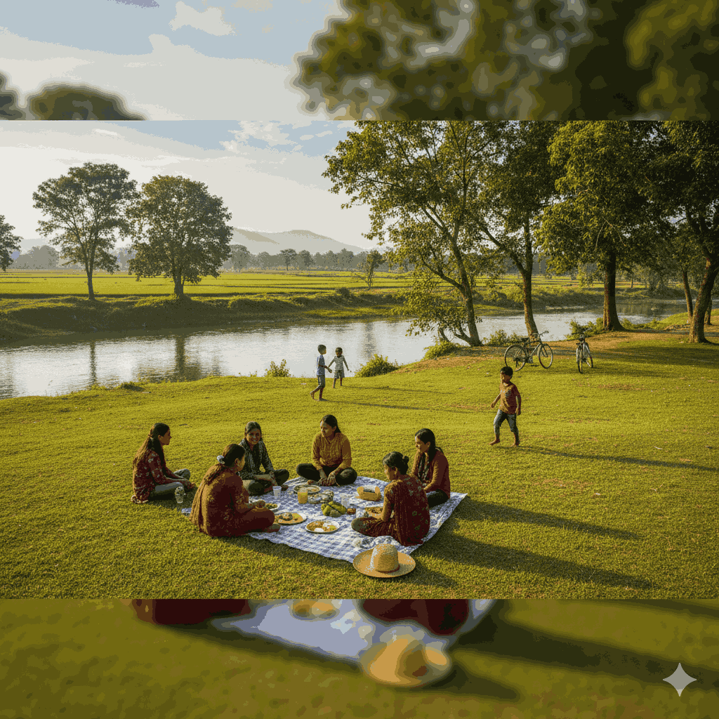 Stunning view of a scenic picnic spot near Birgunj with families relaxing by the river.