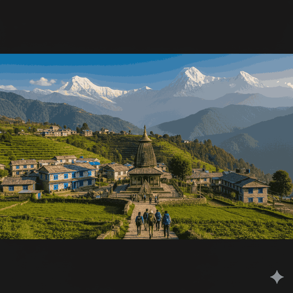 Panoramic view of Dolakha district in Nepal featuring Himalayan peaks, Dolakha Bhimsen Temple, lush green hills, and pilgrims, highlighting the diverse tourist attractions in Dolakha district.