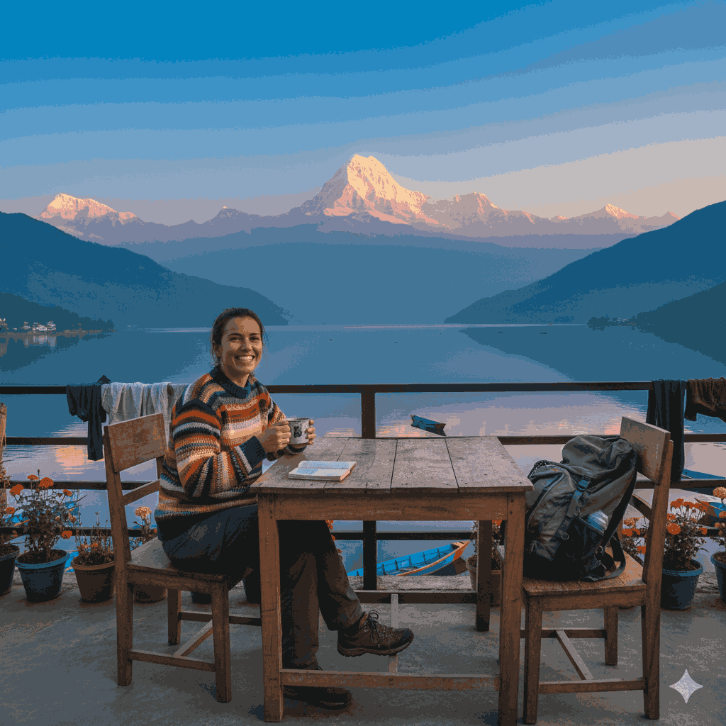 Stunning view over the Himalayas from a budget accommodation in Pokhara, one of the best cheap travel destinations in Nepal