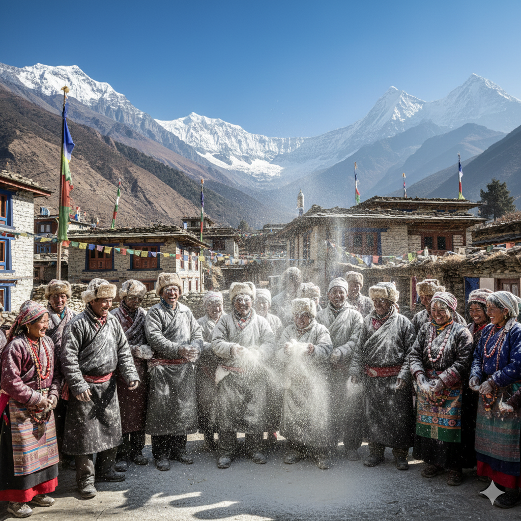 How Losar is celebrated in Mustang, Manang, and Himalayan villages — villagers playfully throwing Tsampa flour during Losar in Tsum Valley