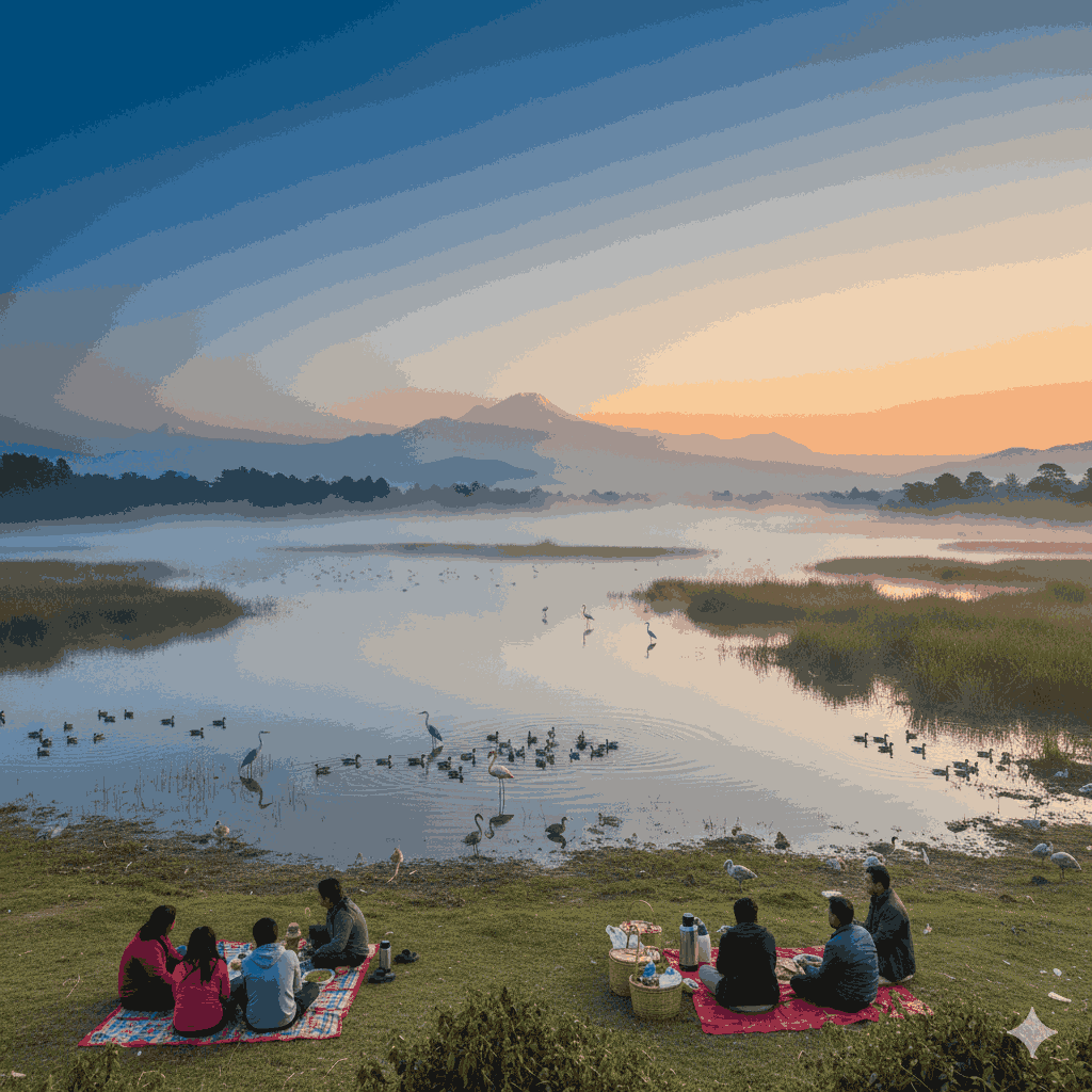  Scenic picnic spot near Chitwan at Bis Hazari Lake with birdwatchers and peaceful waters.
