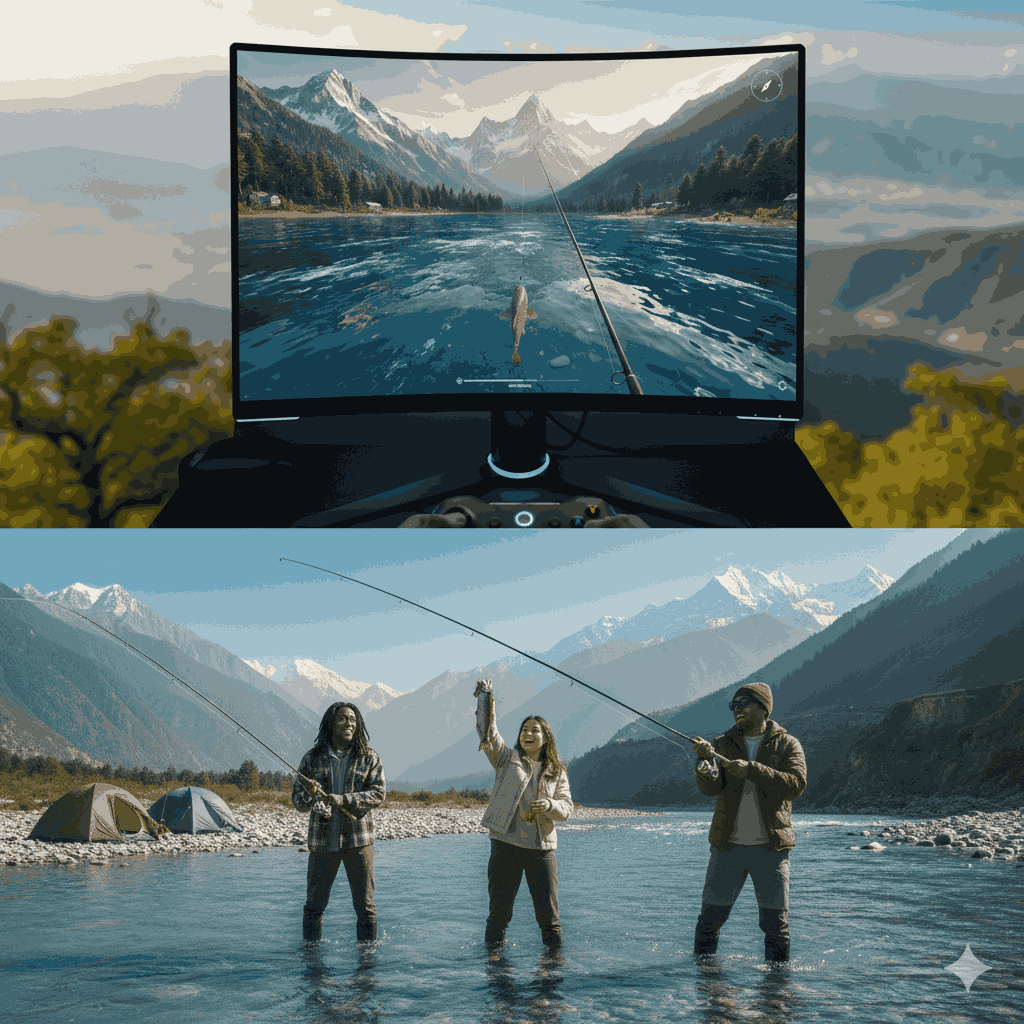 Featured image of fishing games Nepal, blending virtual fishing simulators with real Himalayan river fishing scenes for 2026