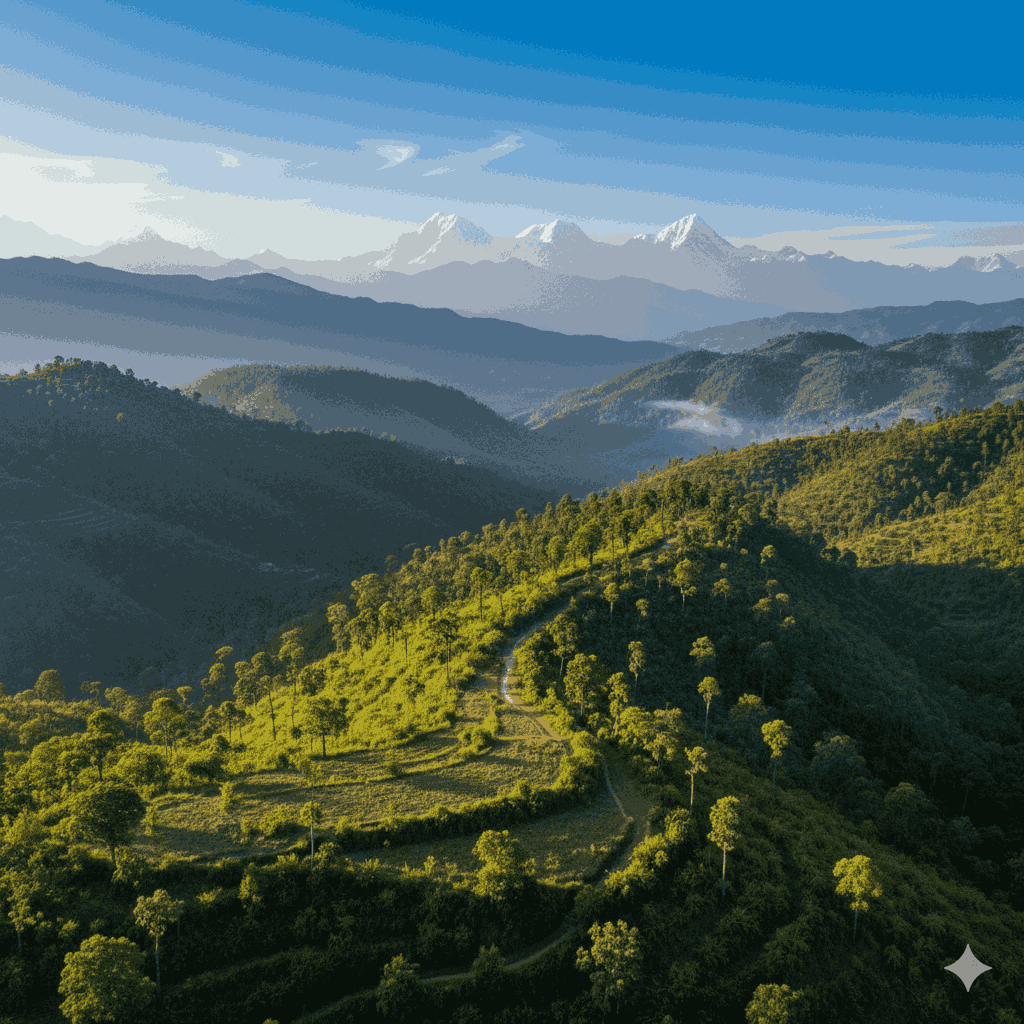 Panoramic landscape of the intermediate hiking trails near Dhangadhi, showcasing lush hills and remote wilderness in Nepal.